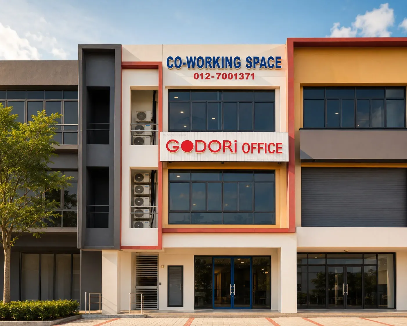 Godori Office Permas Jaya building exterior with co-working space signage